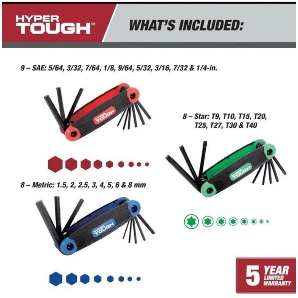 Hyper Tough 3 Piece Hex‎ Key Set SAE MM